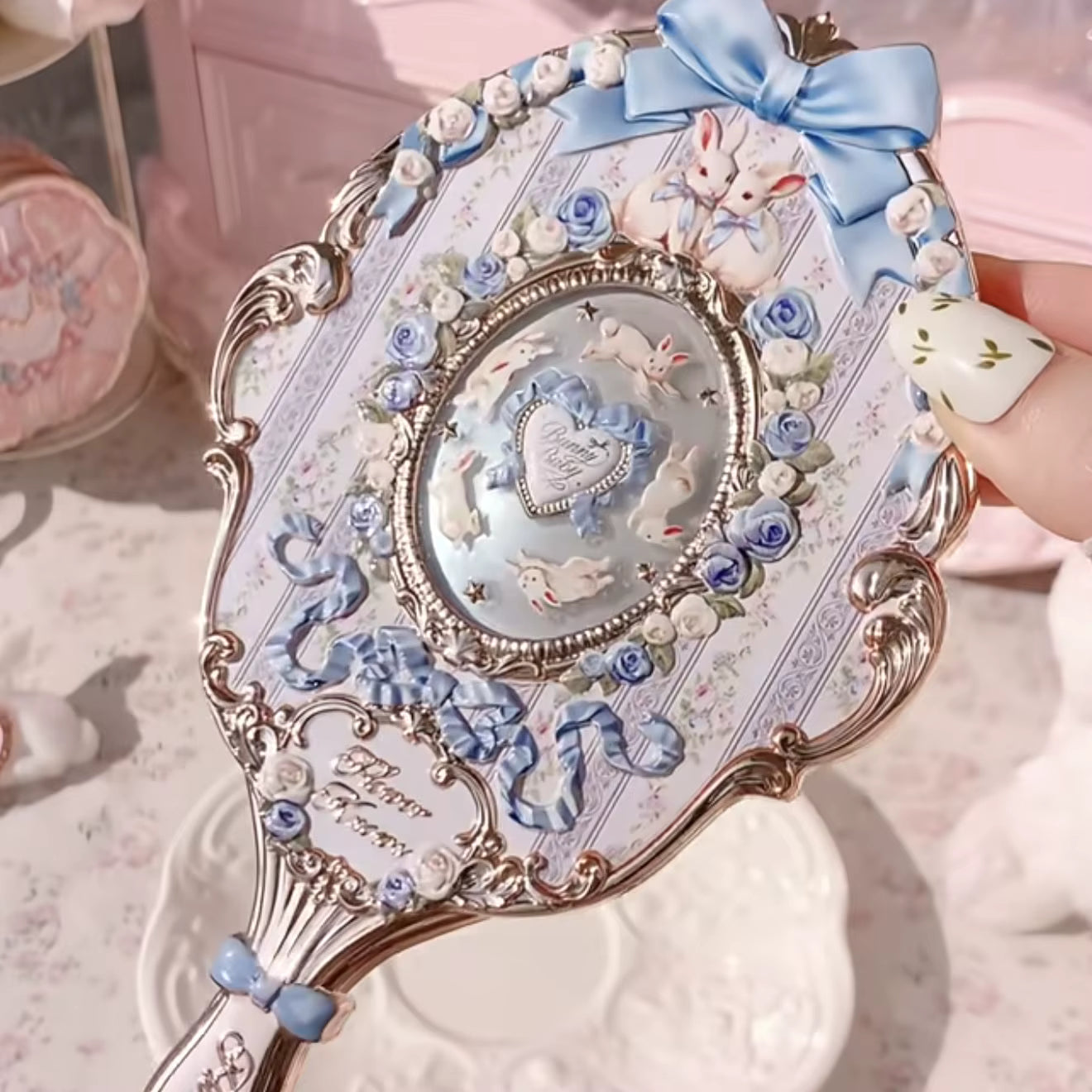 Bunny Garden Blue Hand Mirror